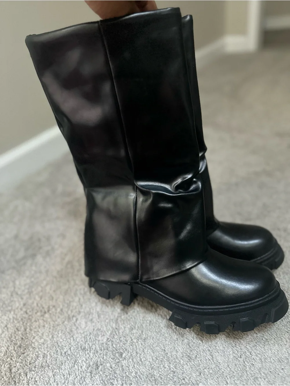 Fashion Nova Black Tall Lug Sole Heeled Boots